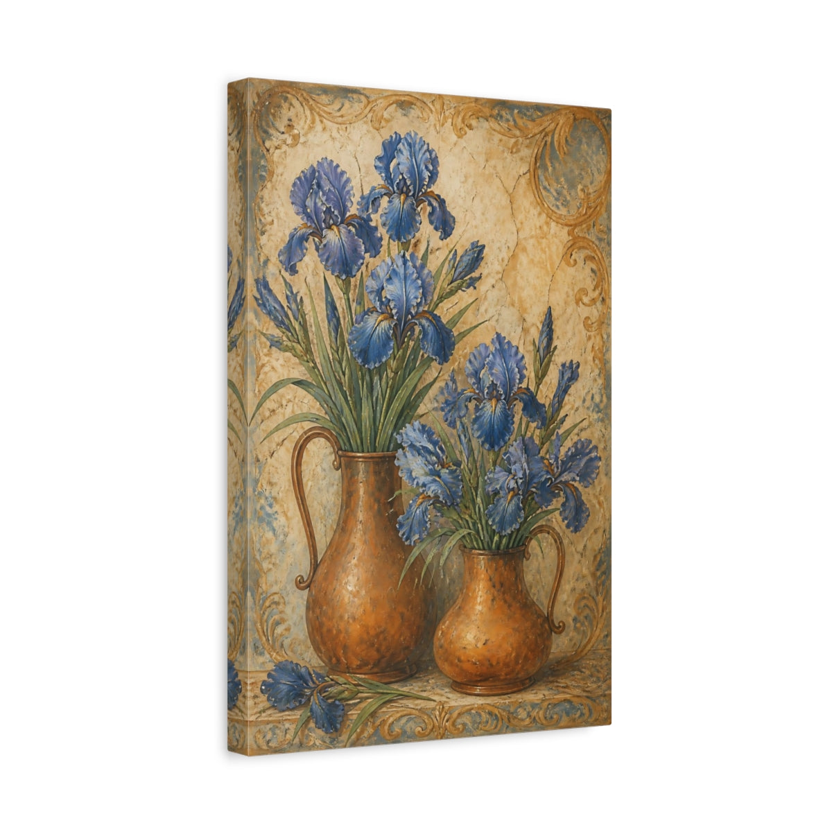 Side Mockup 4. Blue Iris Flowers In Copper Pitchers shown as canvas print