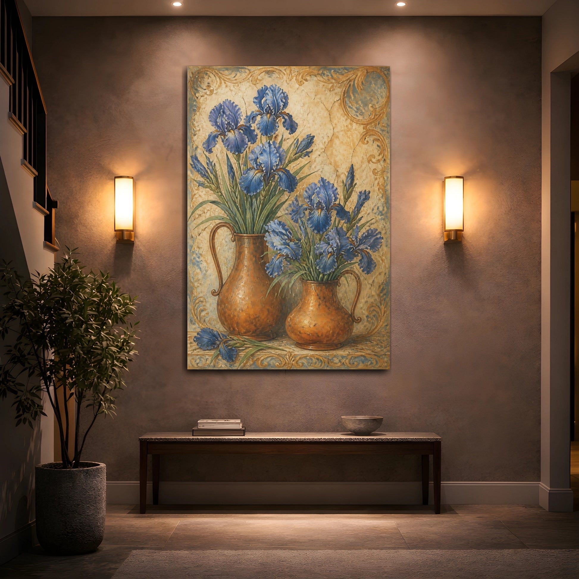 Mockup 2. Blue Iris Flowers In Copper Pitchers shown as canvas print