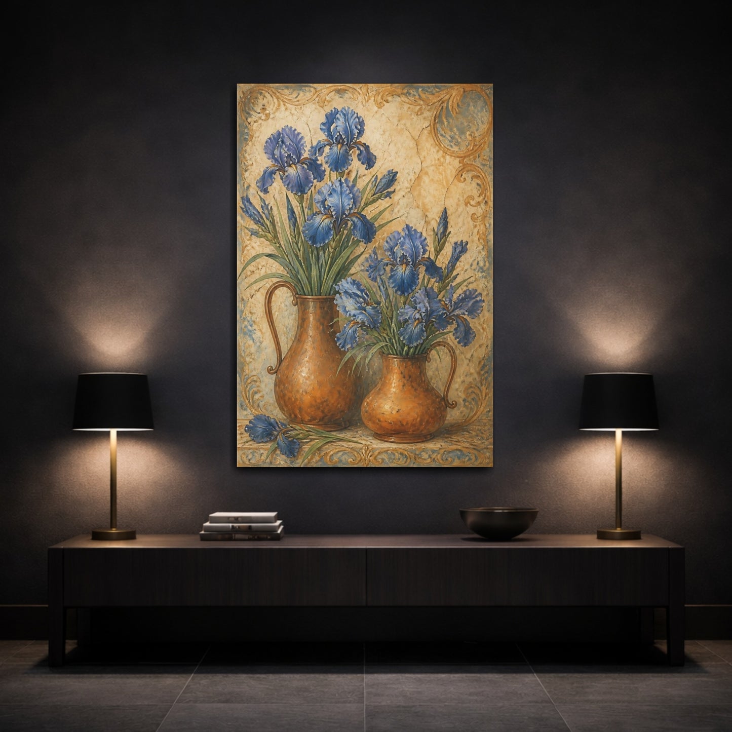 Mockup 3. Blue Iris Flowers In Copper Pitchers shown as canvas print