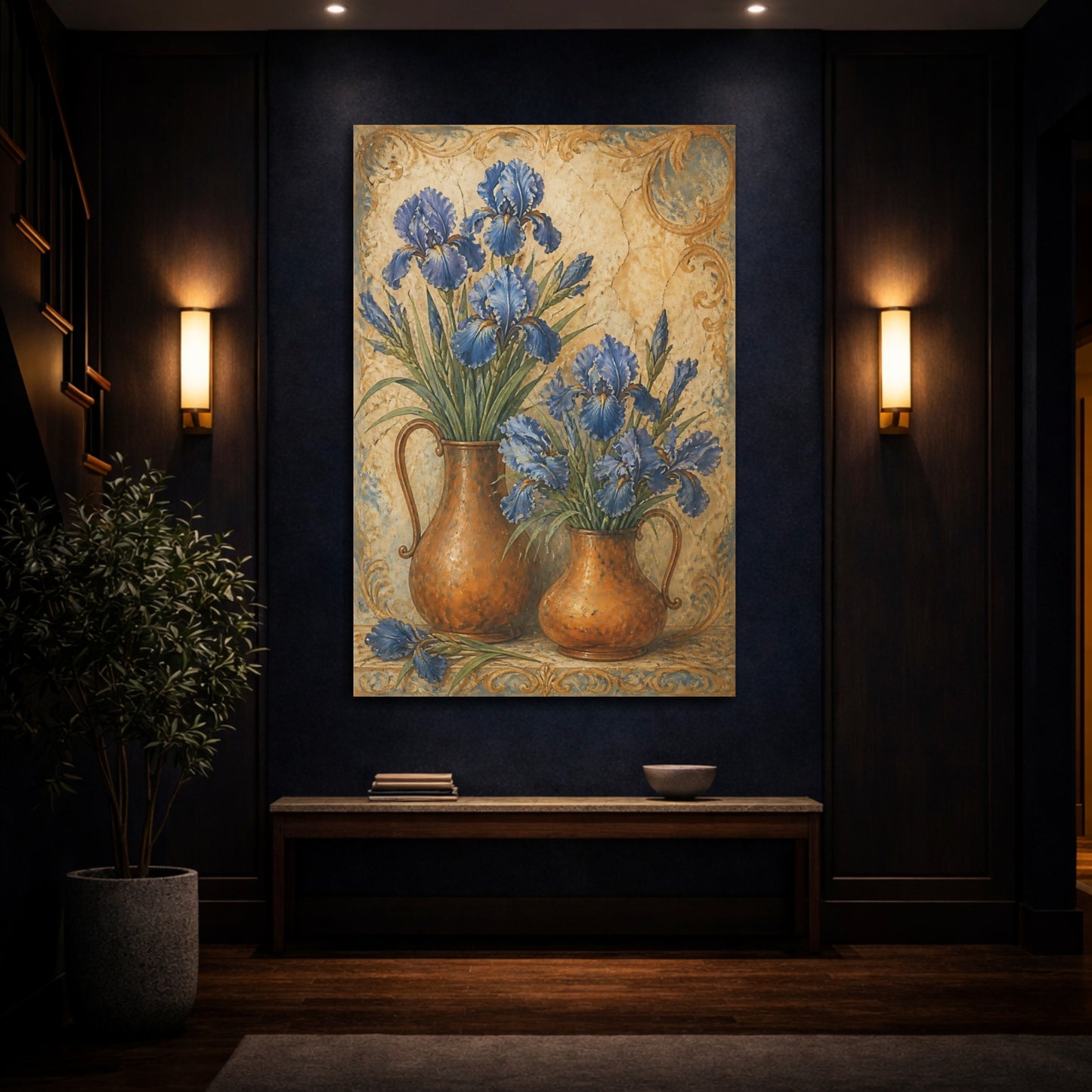 Mockup 4. Blue Iris Flowers In Copper Pitchers shown as canvas print