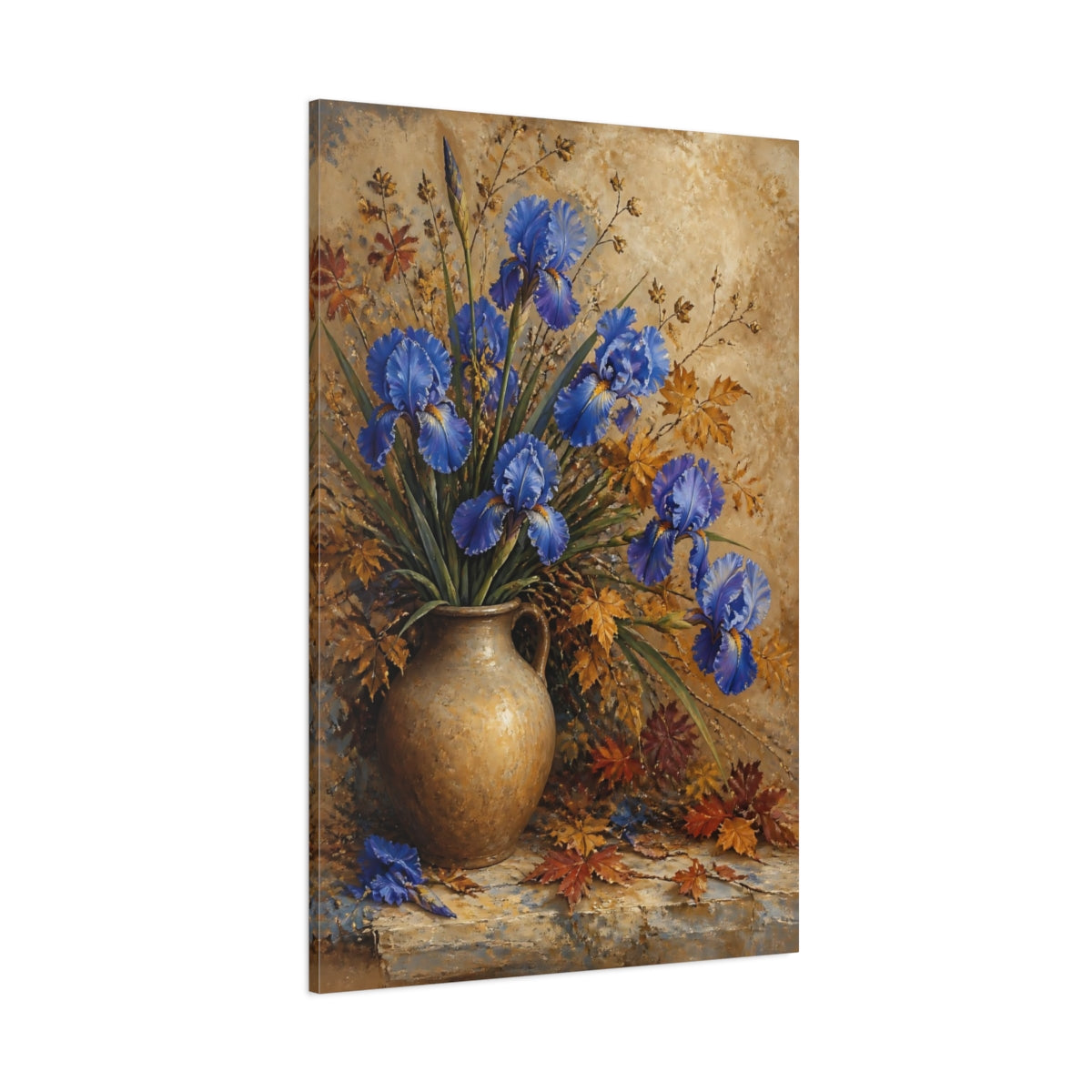 Side Mockup 1. Blue Iris Flowers In Jug shown as canvas print
