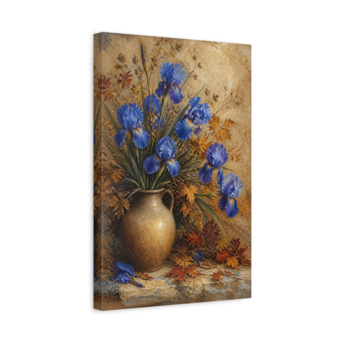 Side Mockup 4. Blue Iris Flowers In Jug shown as canvas print