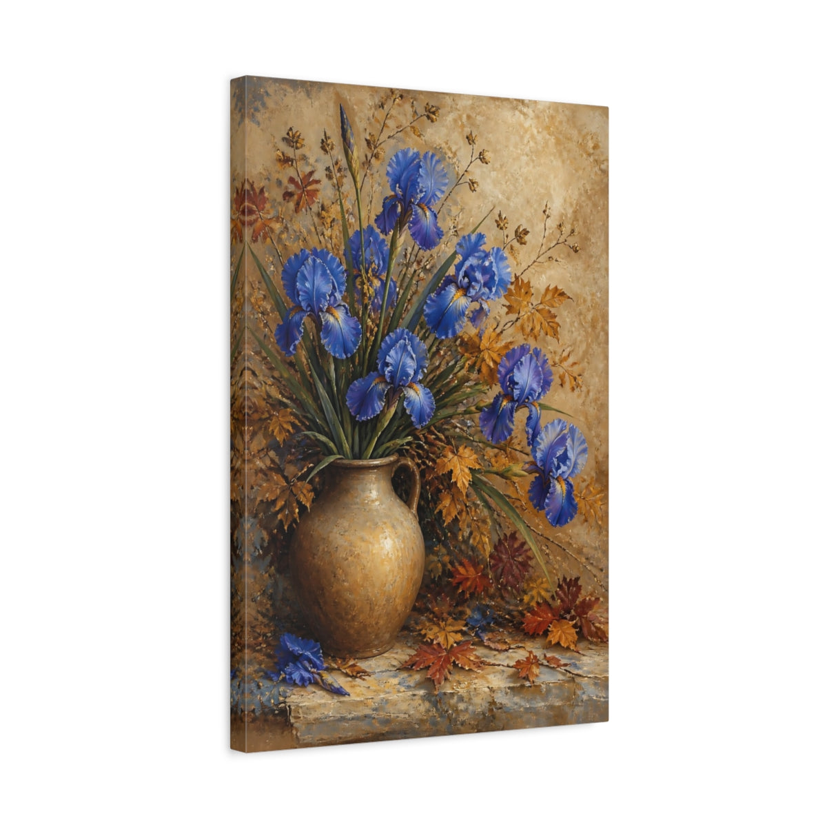 Side Mockup 3. Blue Iris Flowers In Jug shown as canvas print
