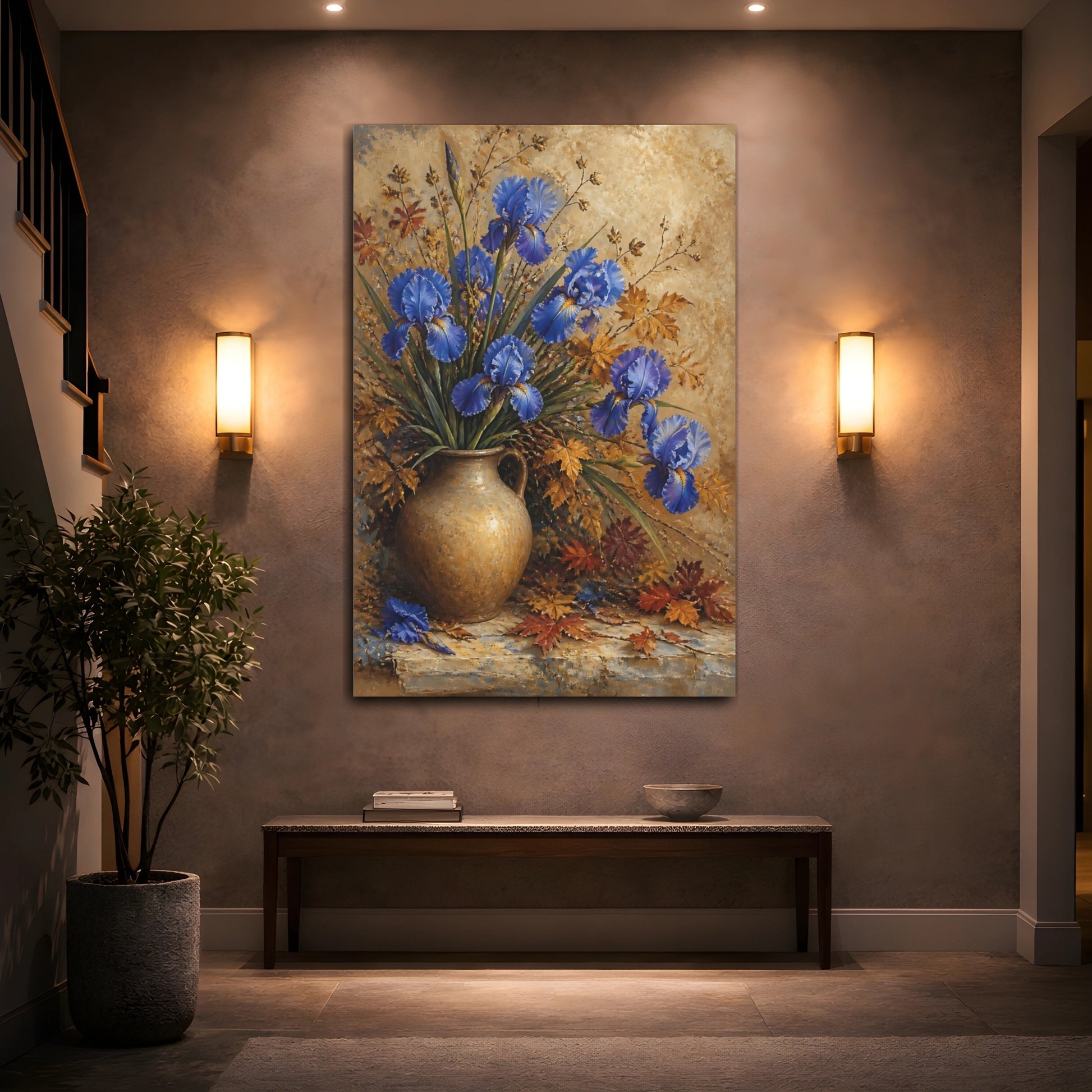 Mockup 2. Blue Iris Flowers In Jug shown as canvas print