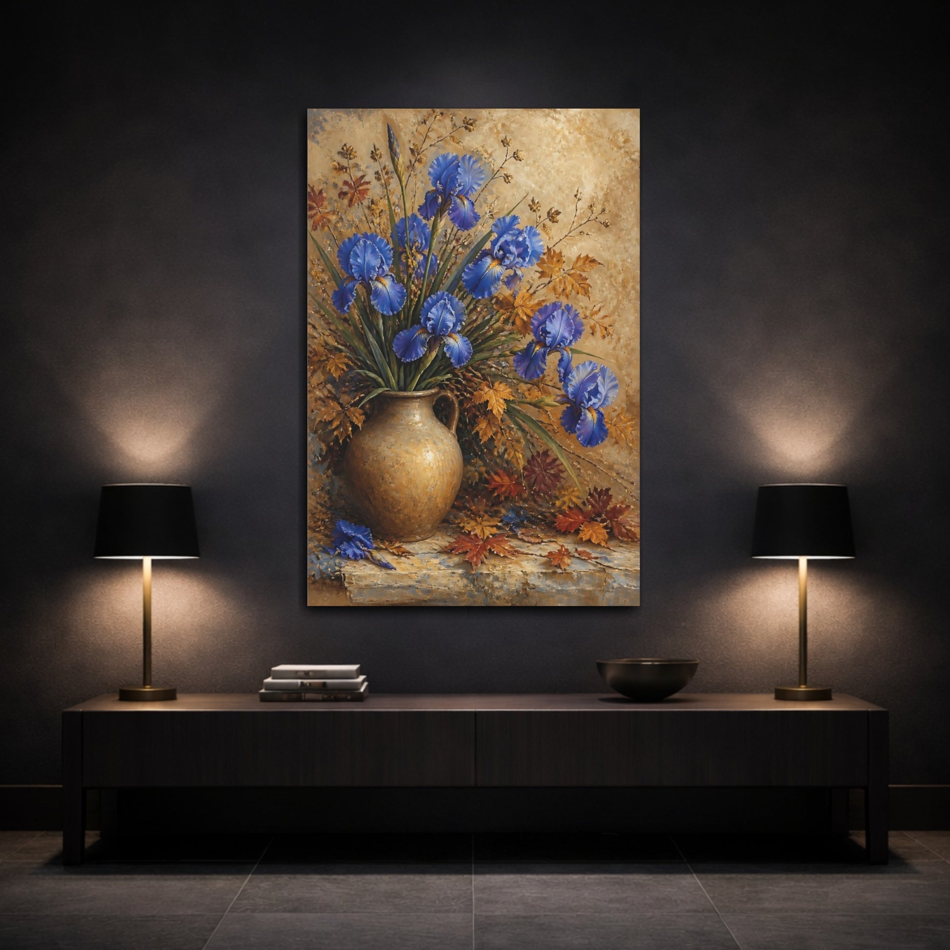 Mockup 3. Blue Iris Flowers In Jug shown as canvas print