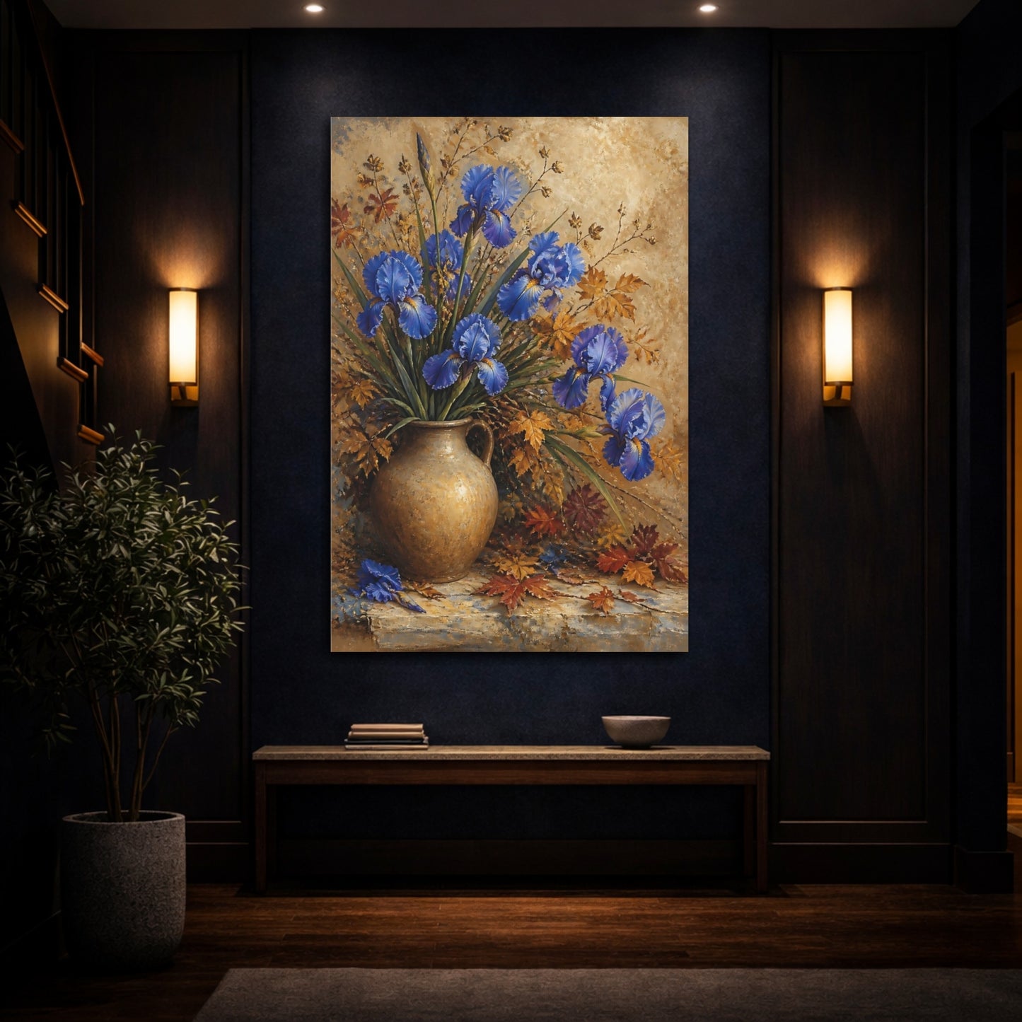 Mockup 4. Blue Iris Flowers In Jug shown as canvas print