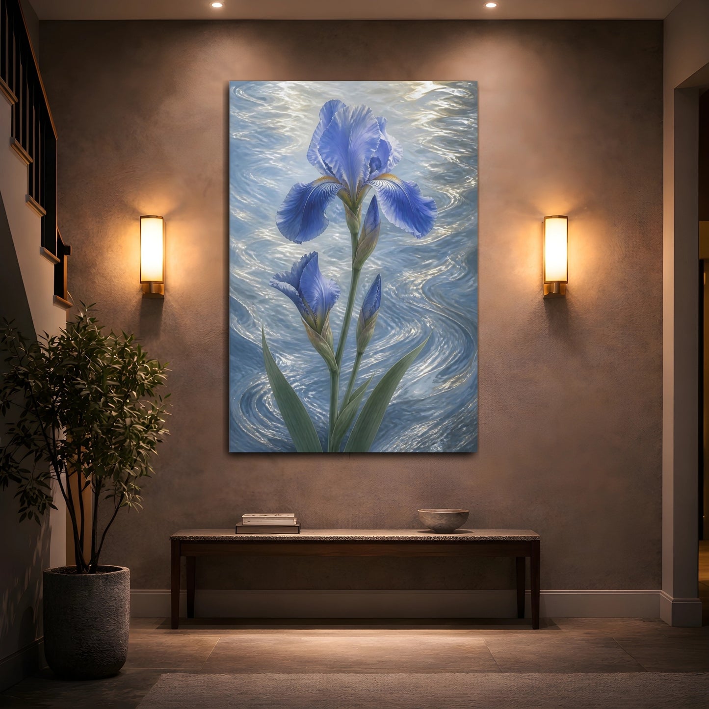 Mockup 2. Blue Iris Flowers shown as canvas print