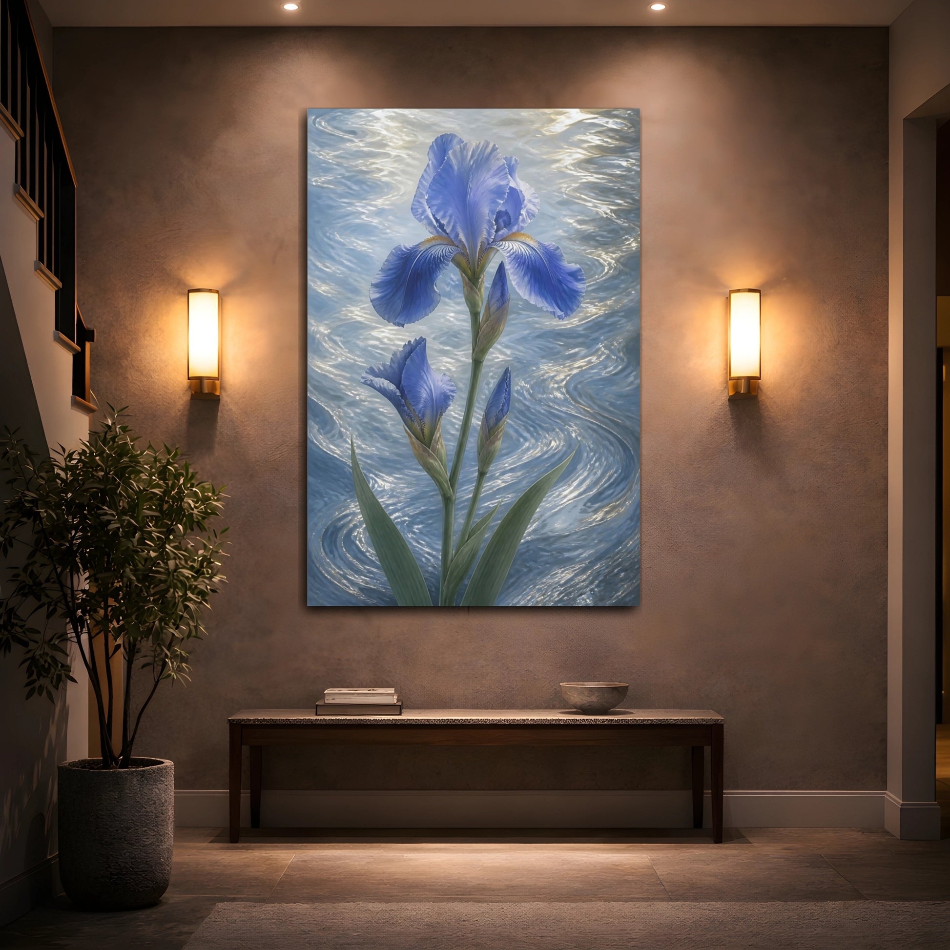 Mockup 2. Blue Iris Flowers shown as canvas print