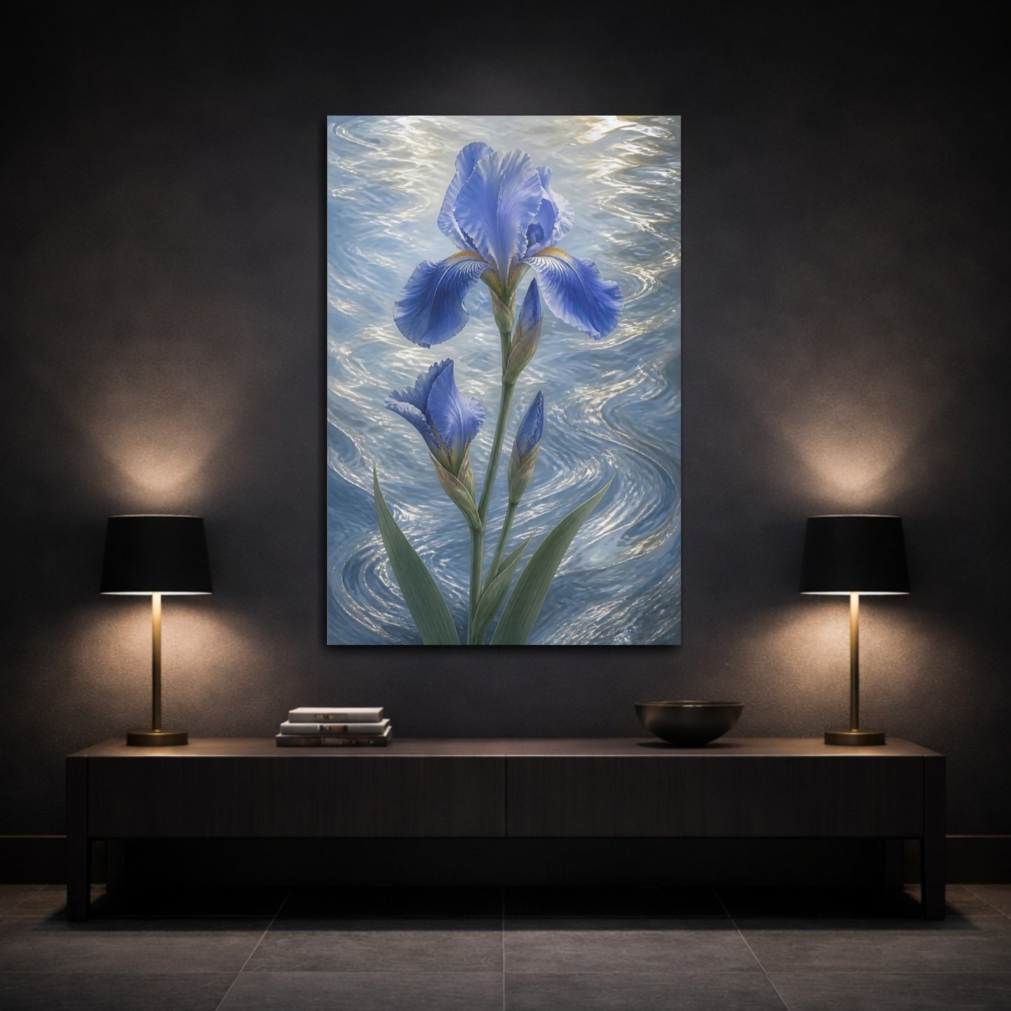 Mockup 3. Blue Iris Flowers shown as canvas print