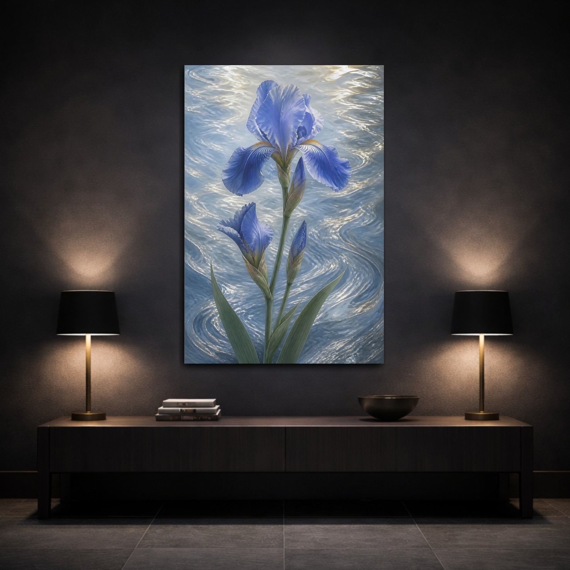 Mockup 3. Blue Iris Flowers shown as canvas print