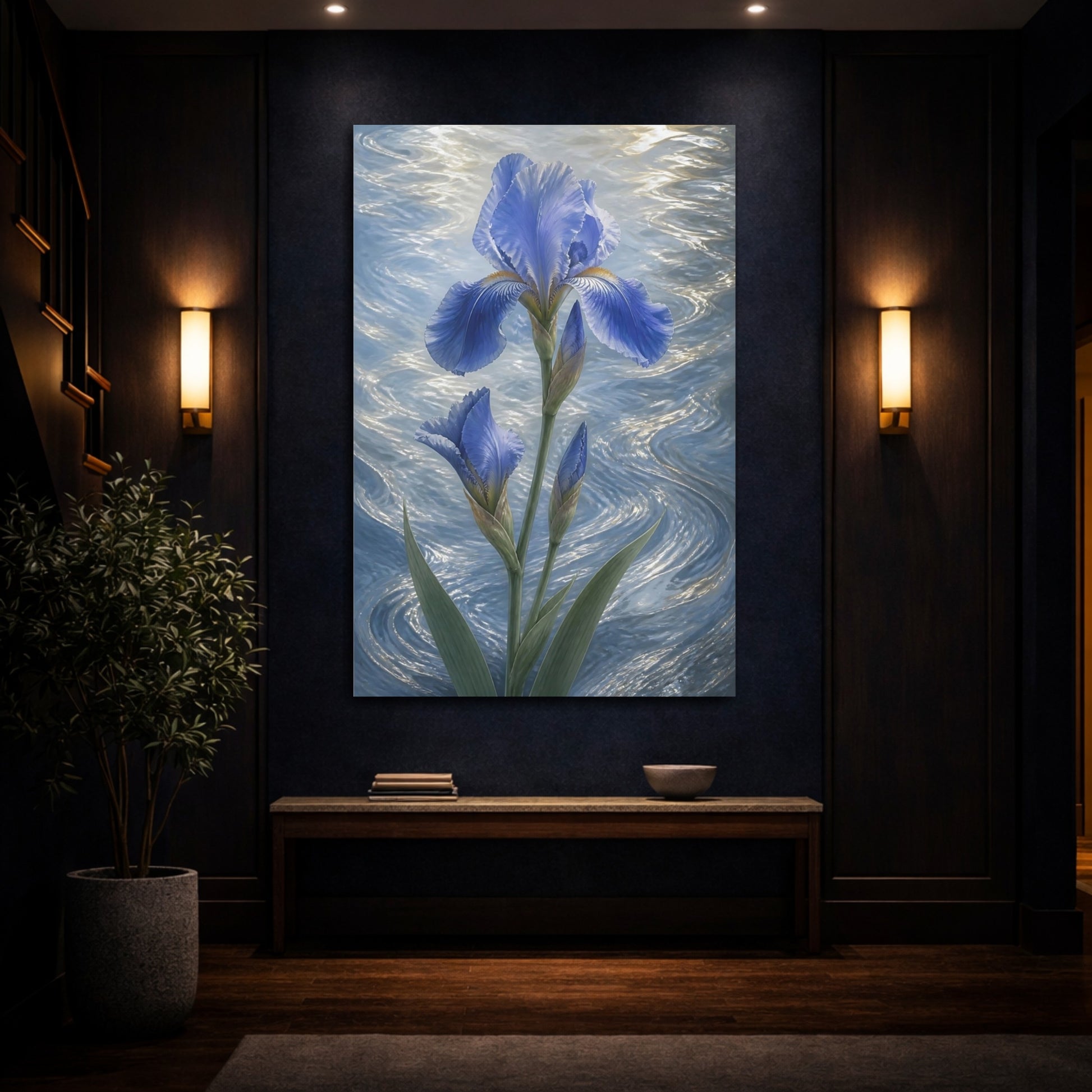 Mockup 4. Blue Iris Flowers shown as canvas print