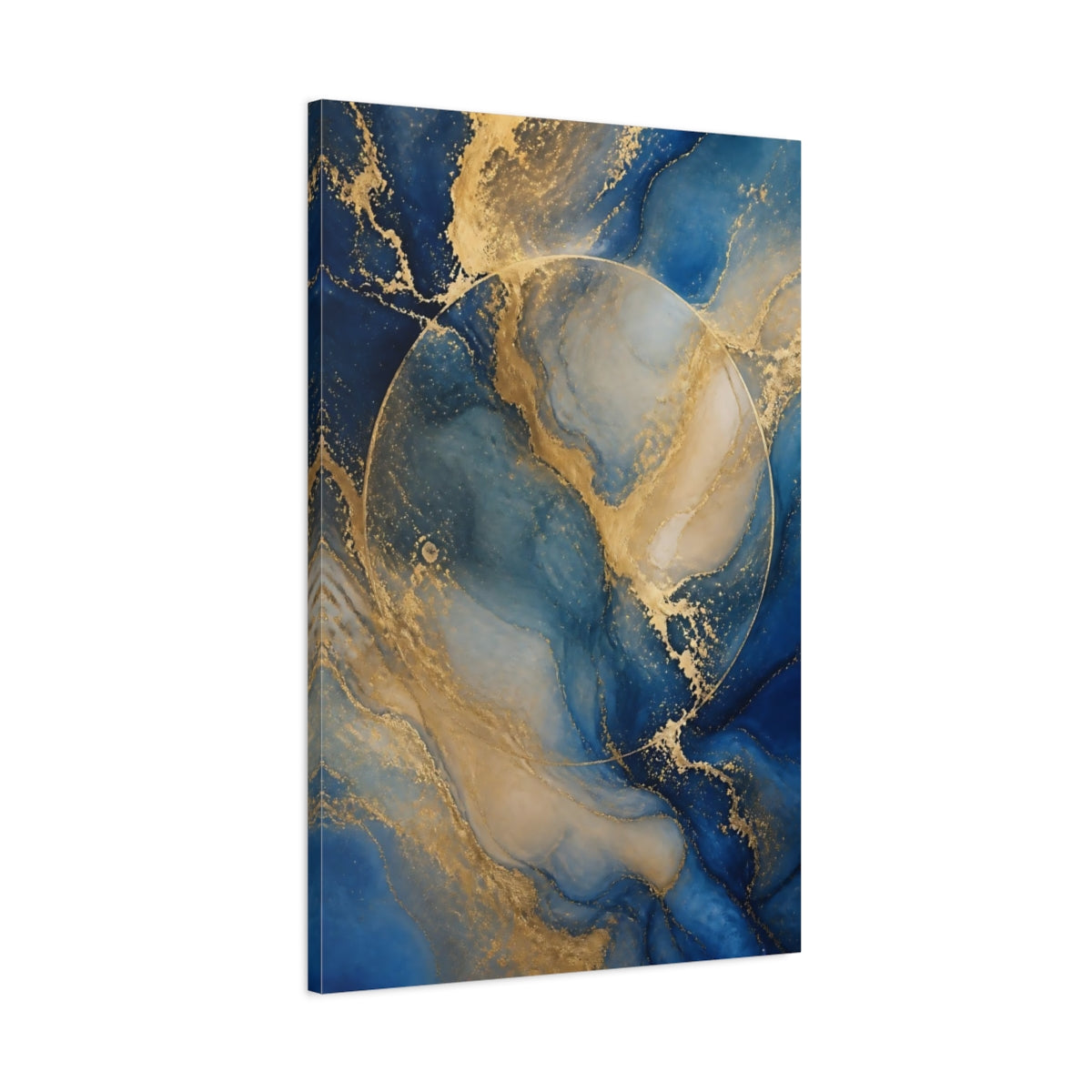 Main Mockup. Blue Marble With Gold Veins shown as canvas print
