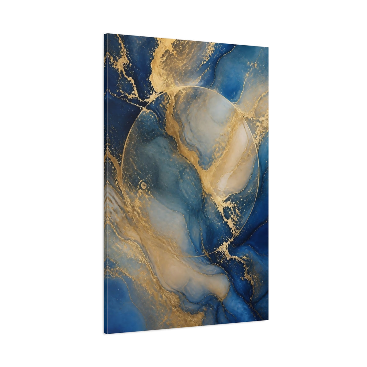 Side Mockup 1. Blue Marble With Gold Veins shown as canvas print