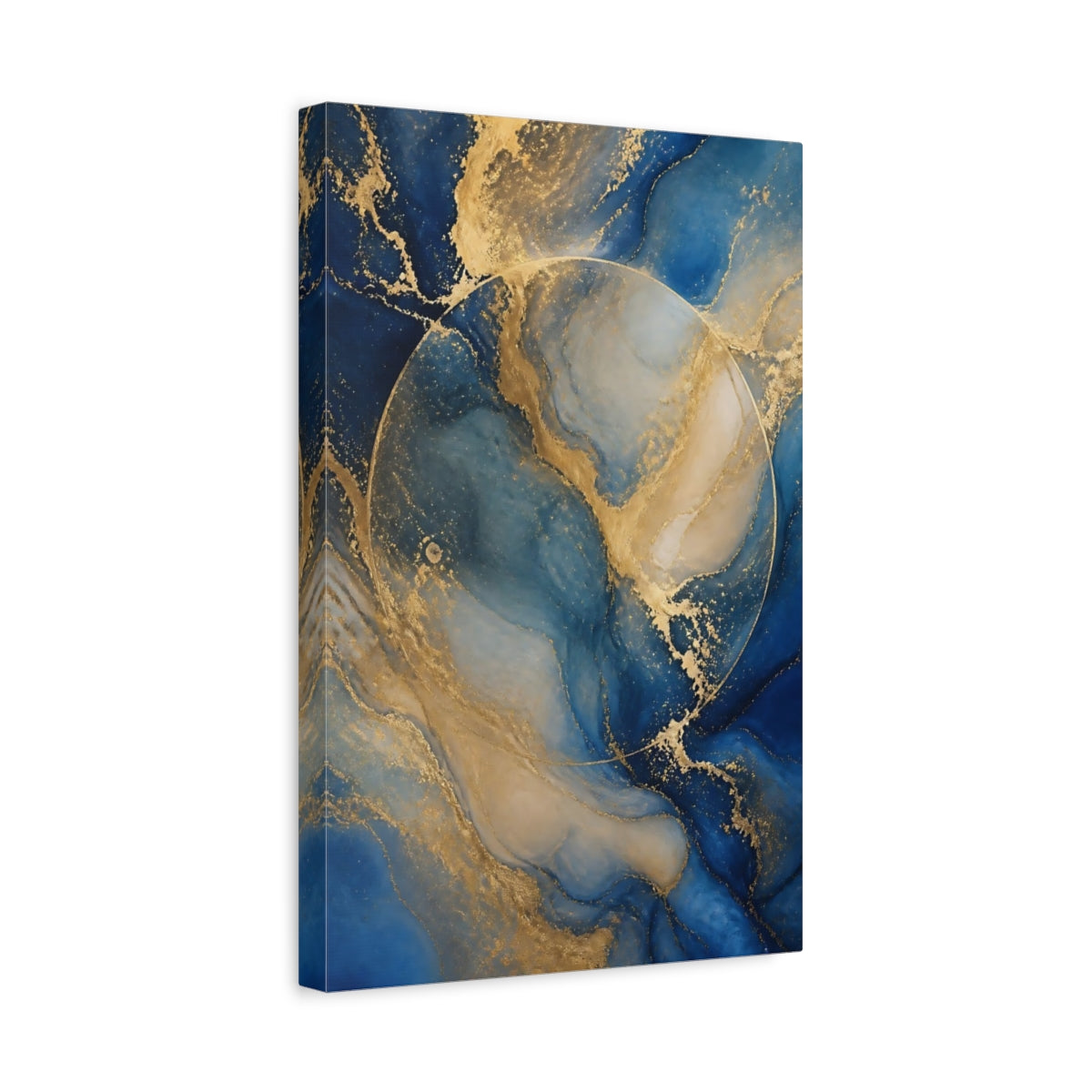 Side Mockup 4. Blue Marble With Gold Veins shown as canvas print