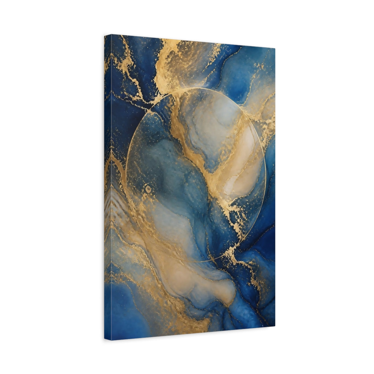 Side Mockup 3. Blue Marble With Gold Veins shown as canvas print