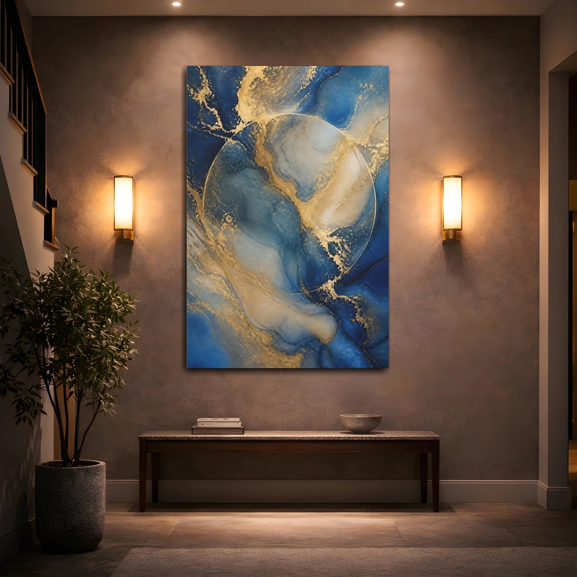Mockup 2. Blue Marble With Gold Veins shown as canvas print