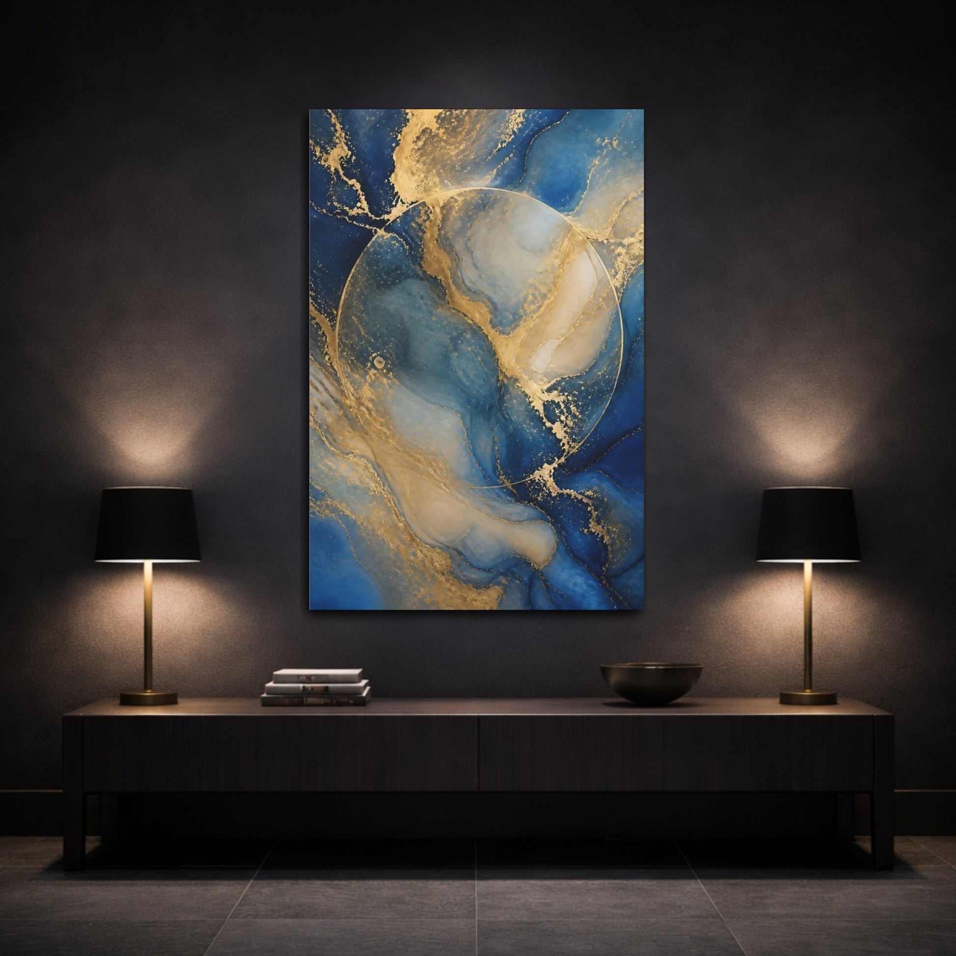 Mockup 3. Blue Marble With Gold Veins shown as canvas print