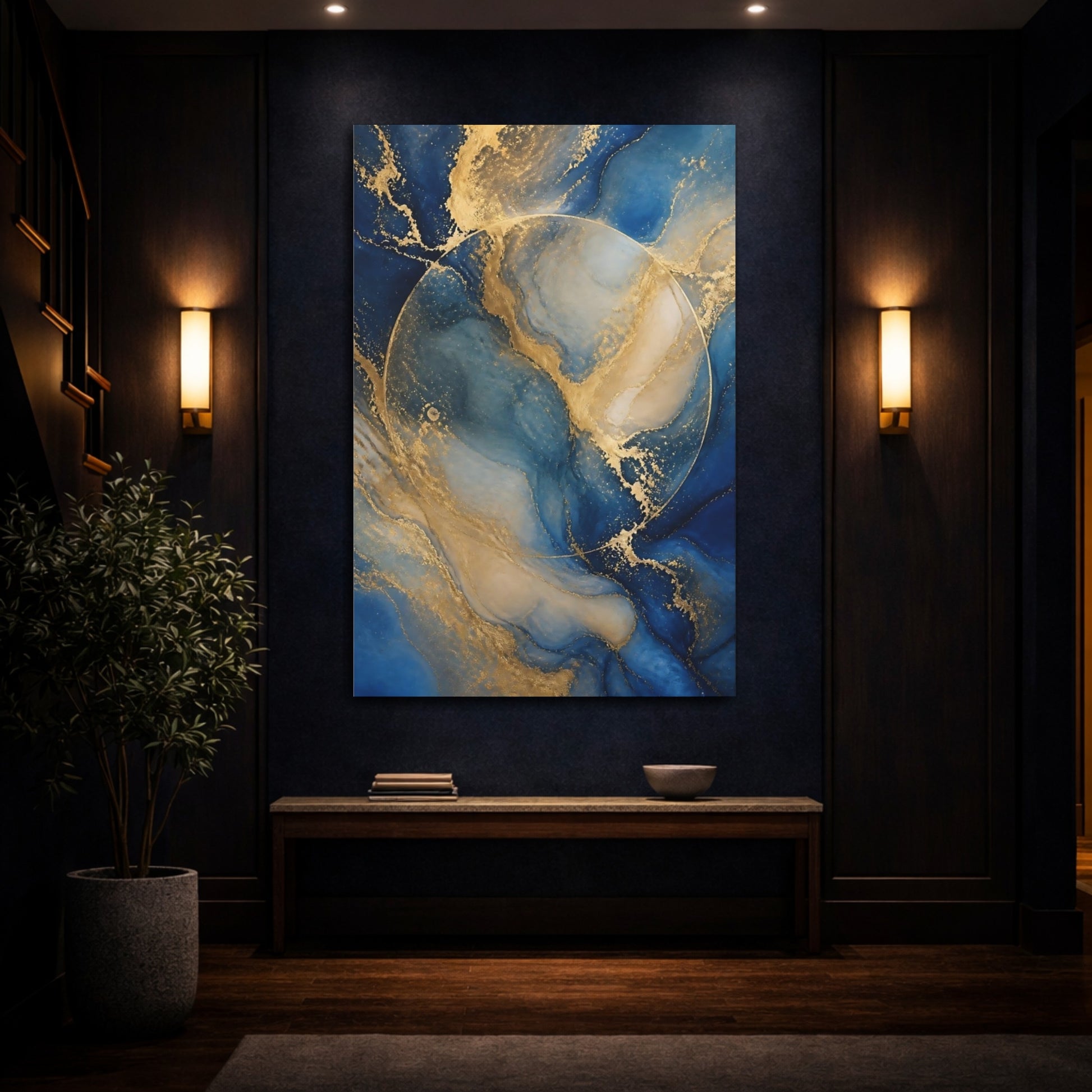 Mockup 4. Blue Marble With Gold Veins shown as canvas print
