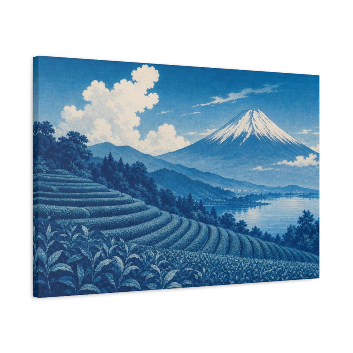 Side Mockup 2. Blue Mount Fuji Tea Terraces shown as canvas print