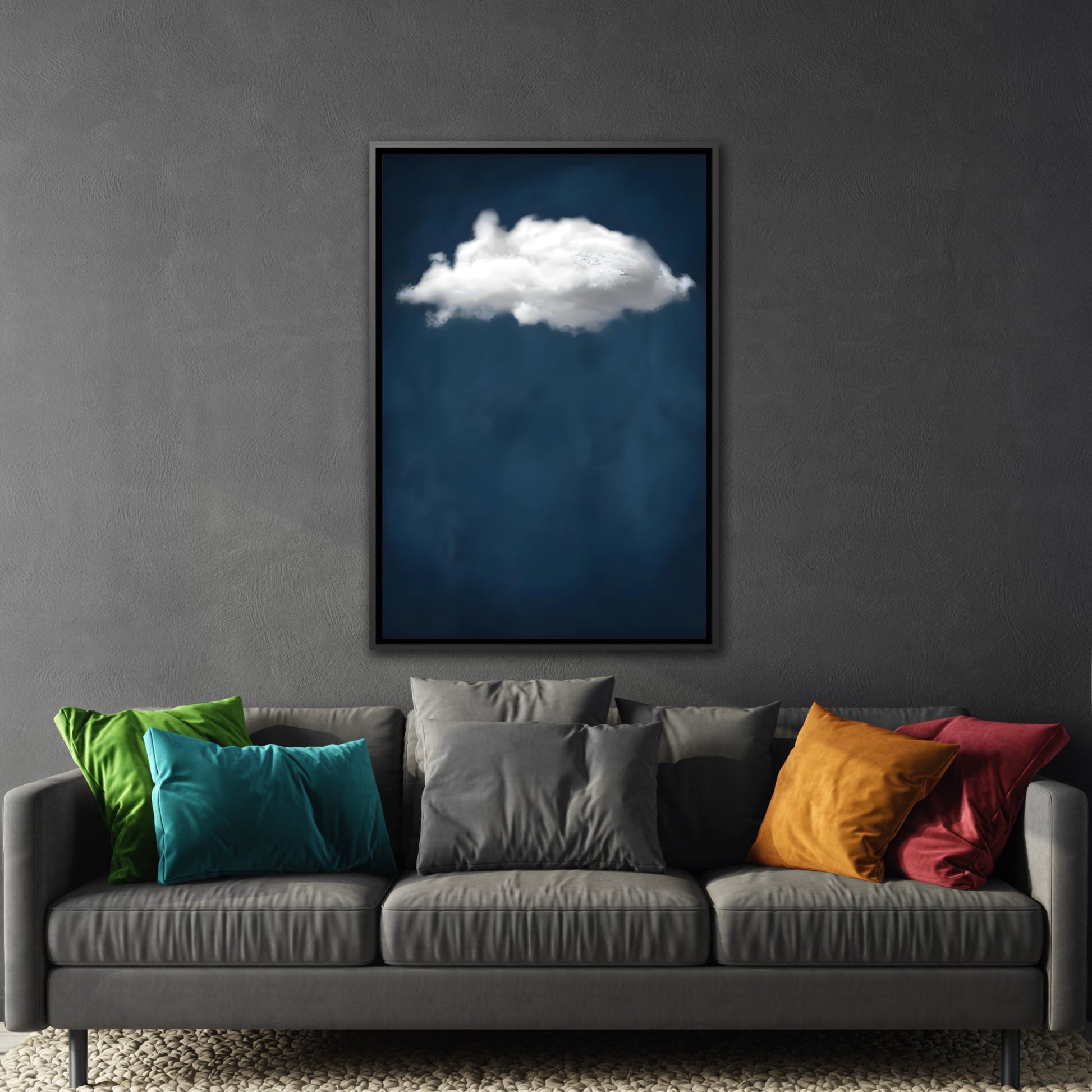 Blue Night Sky with Cloud Wall Art Canvas Print - Abstract Minimalist Home Decor in Black Frame