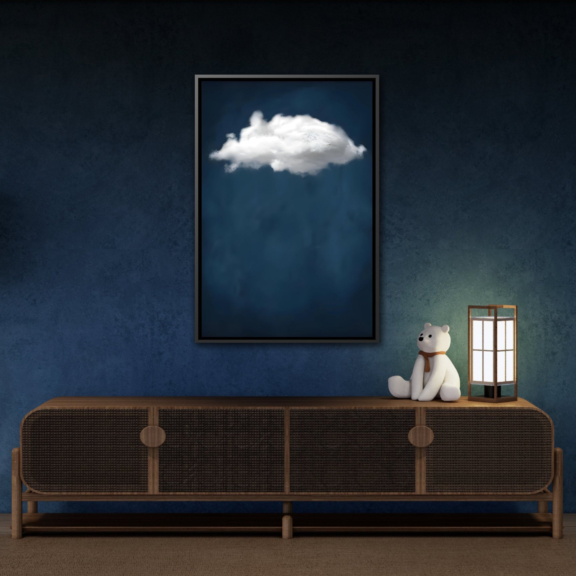 Blue Night Sky with Cloud Wall Art Canvas Print - Abstract Minimalist Home Decor in Black Frame