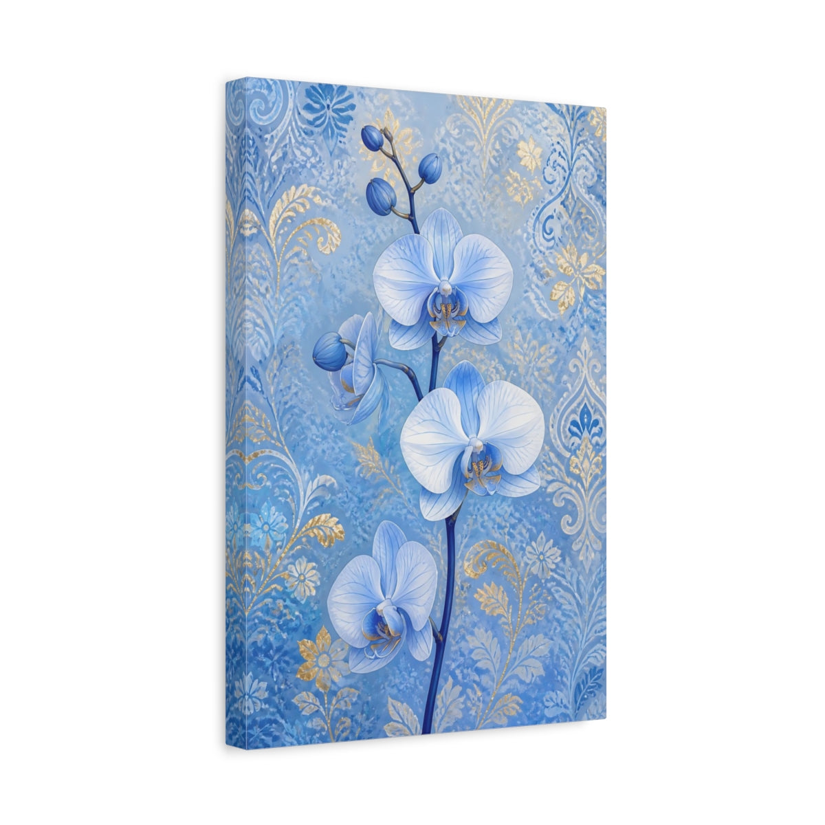 Side Mockup 4. Blue Orchid Flowers shown as canvas print