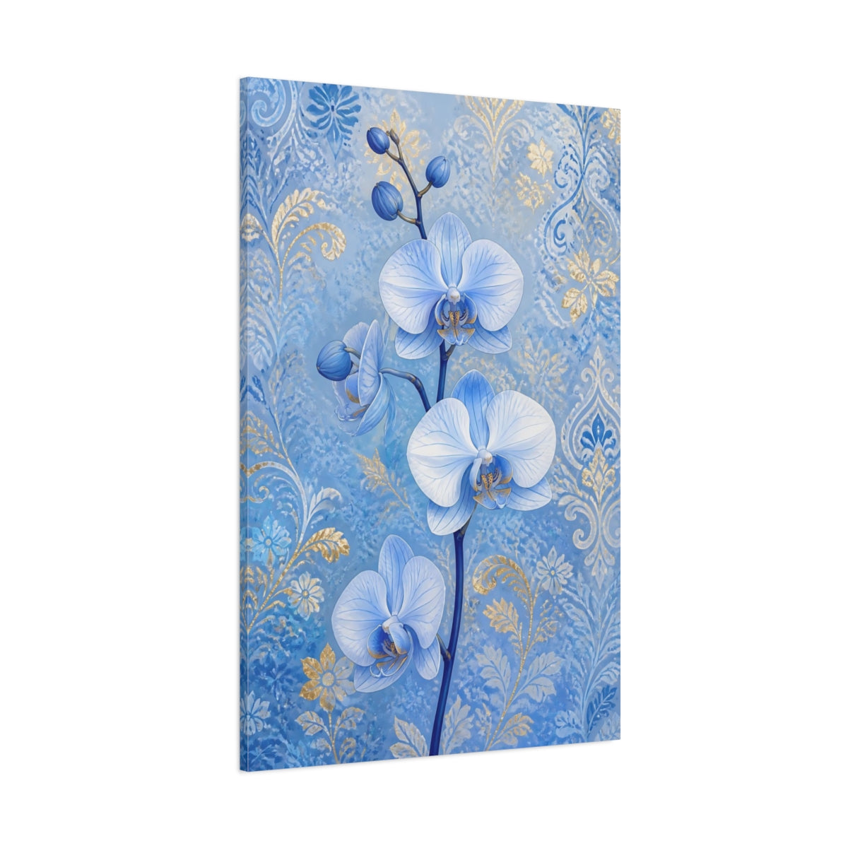 Side Mockup 1. Blue Orchid Flowers shown as canvas print