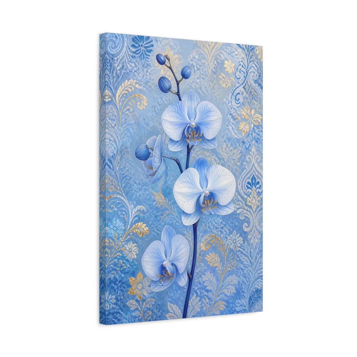 Side Mockup 3. Blue Orchid Flowers shown as canvas print
