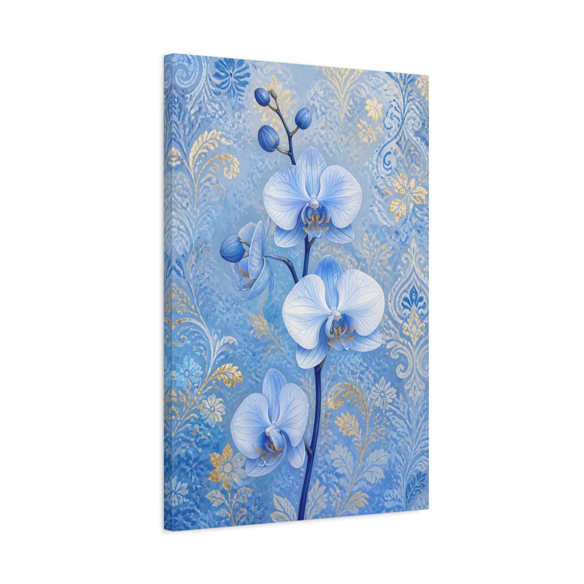 Side Mockup 2. Blue Orchid Flowers shown as canvas print