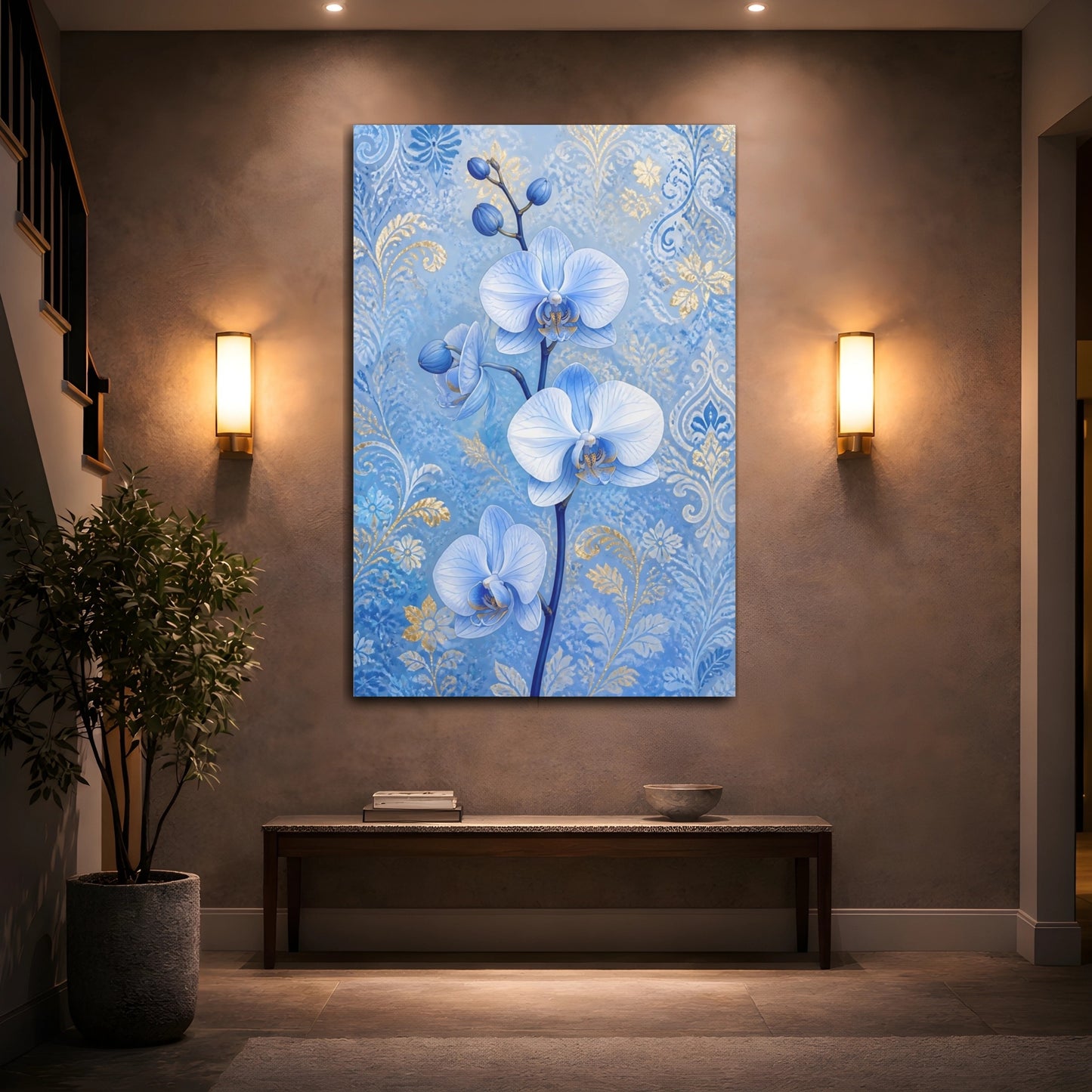 Mockup 2. Blue Orchid Flowers shown as canvas print