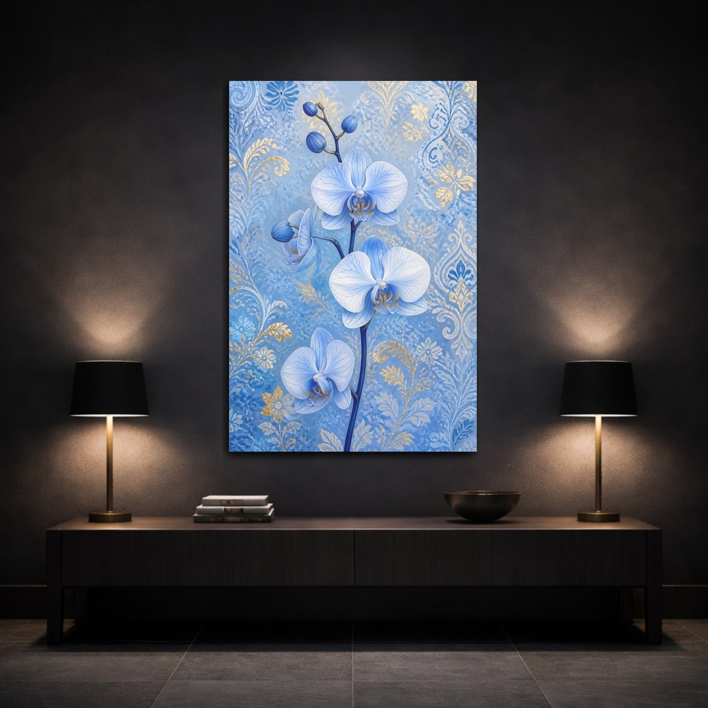 Mockup 3. Blue Orchid Flowers shown as canvas print