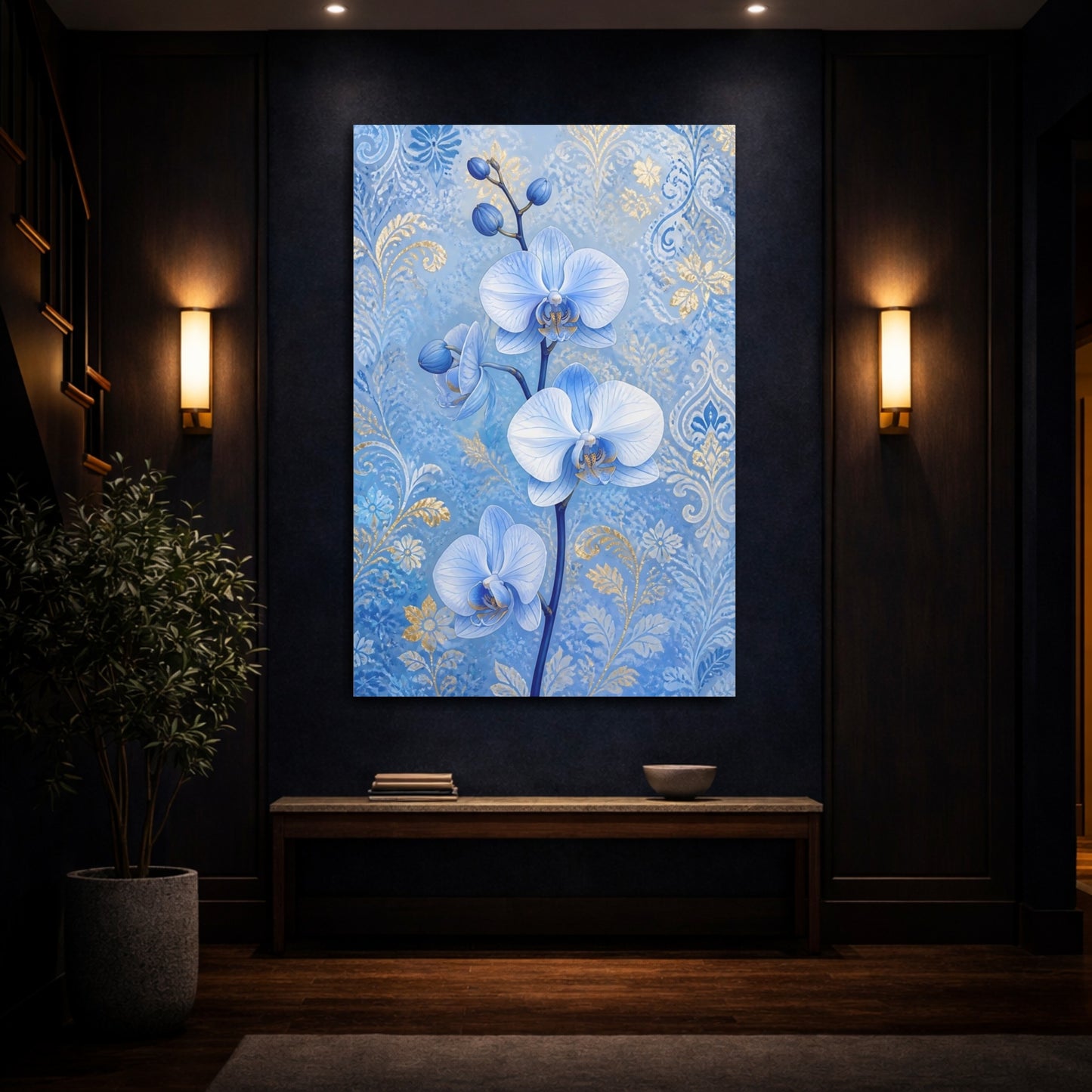 Mockup 4. Blue Orchid Flowers shown as canvas print