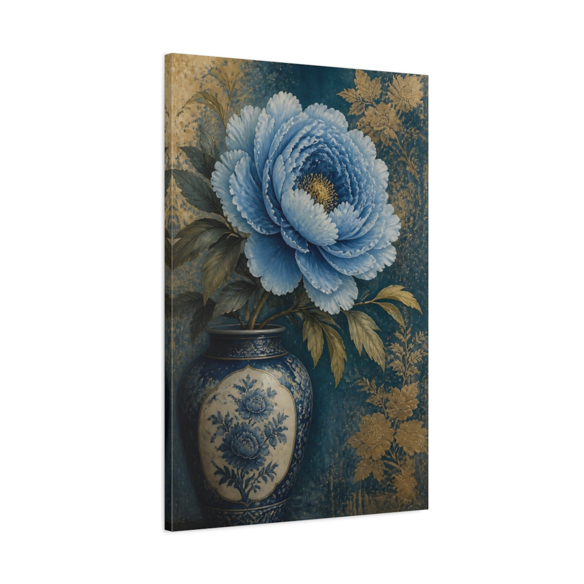 Main Mockup. Blue Peony Floral Still Life shown as canvas print