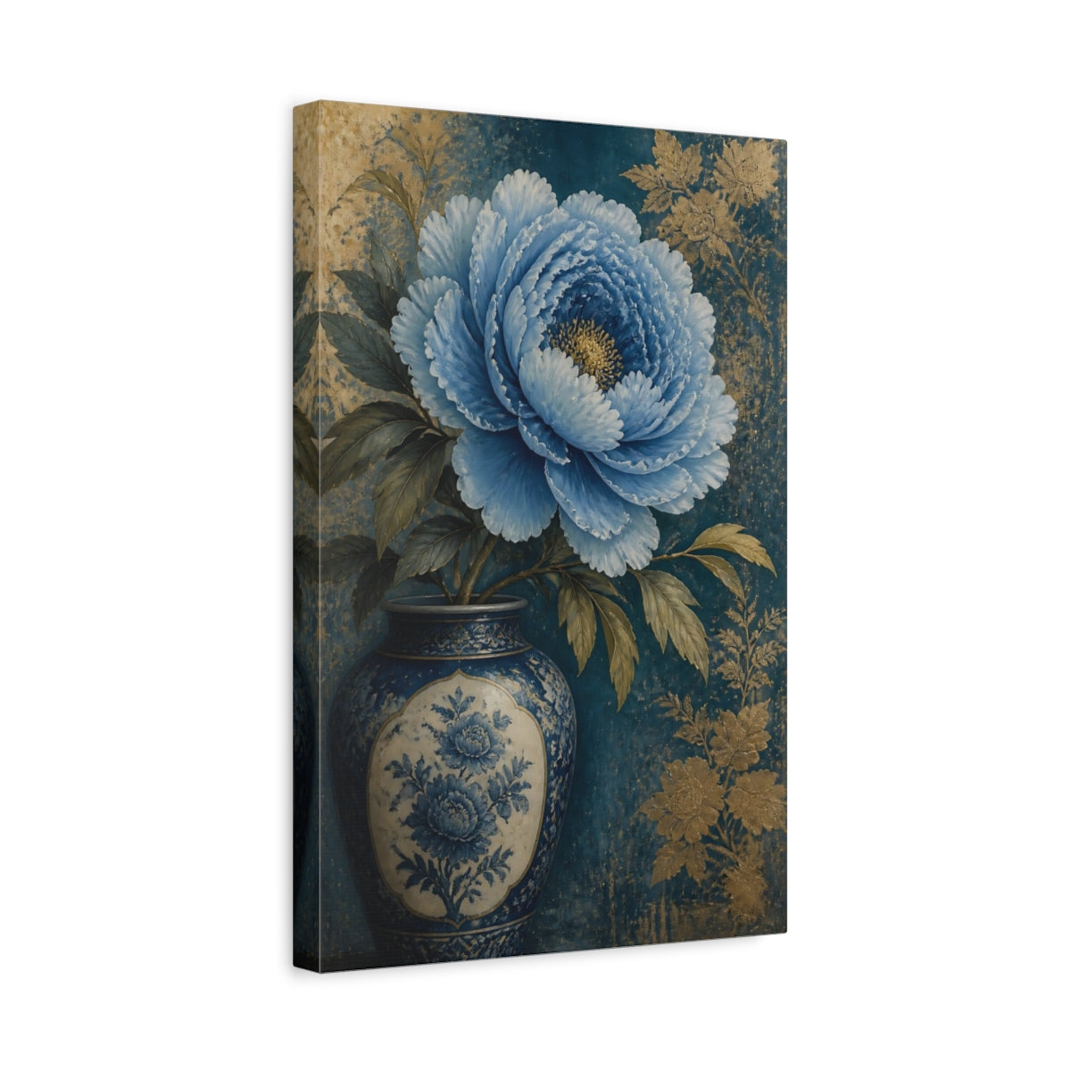 Side Mockup 4. Blue Peony Floral Still Life shown as canvas print