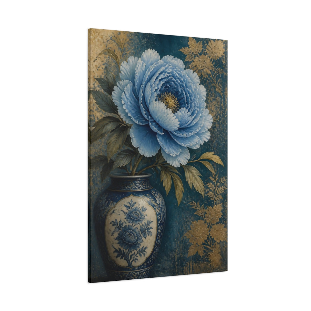 Side Mockup 1. Blue Peony Floral Still Life shown as canvas print