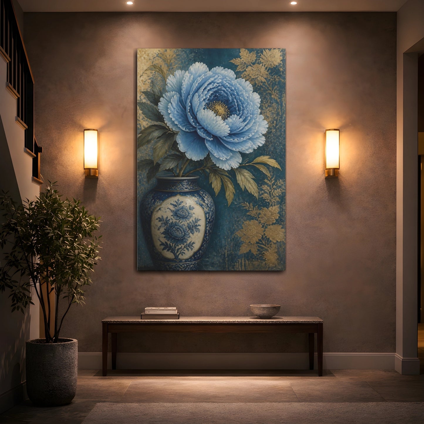 Mockup 2. Blue Peony Floral Still Life shown as canvas print