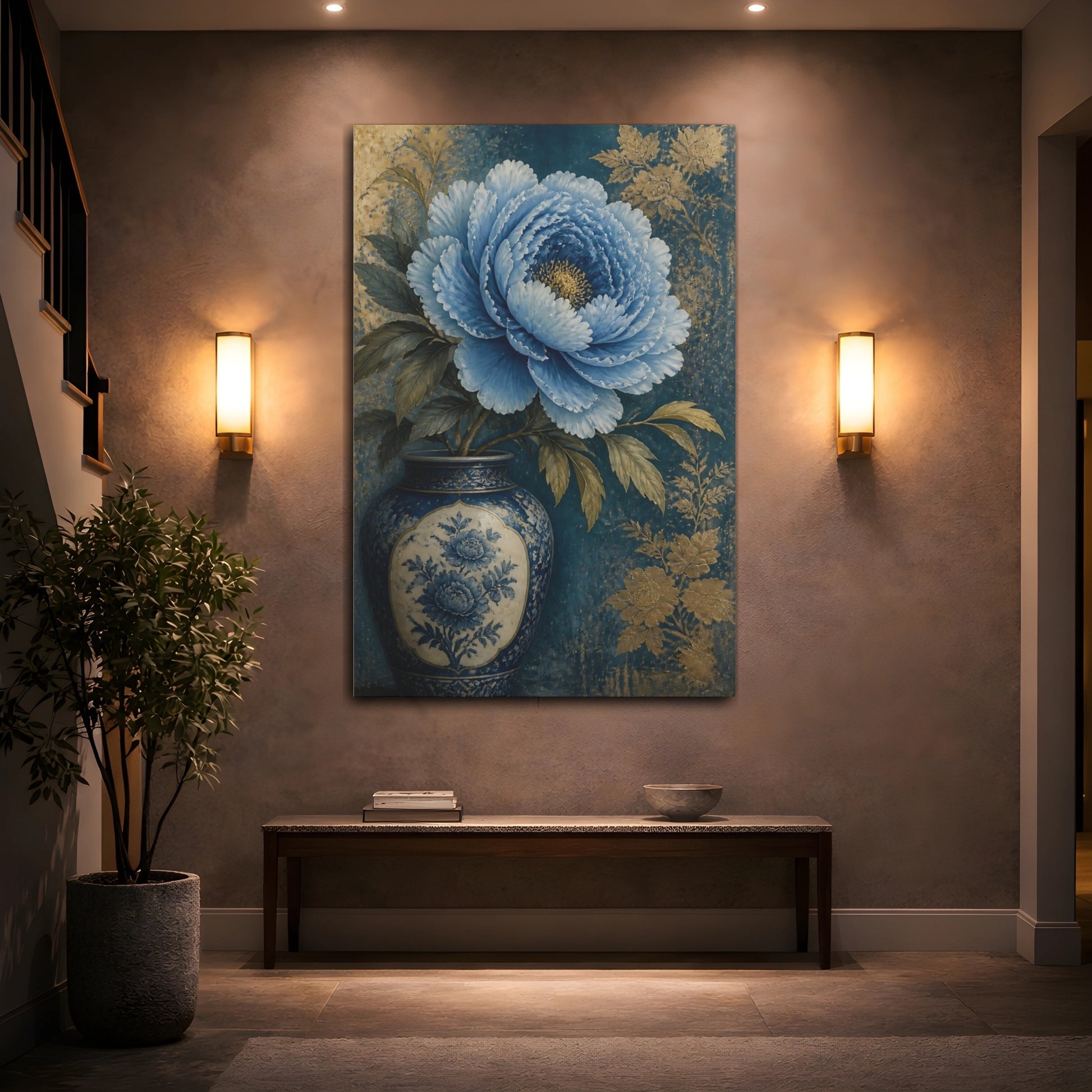 Mockup 2. Blue Peony Floral Still Life shown as canvas print