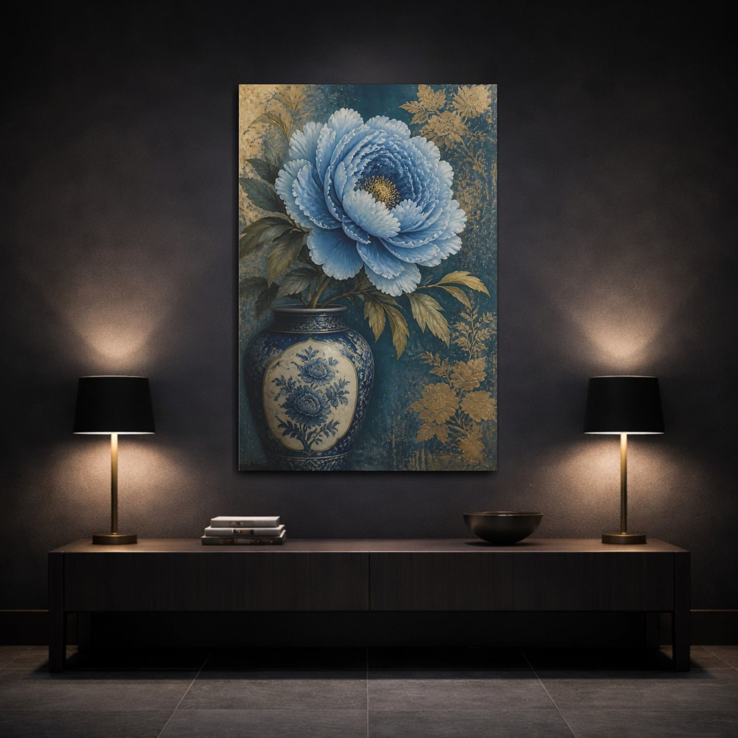 Mockup 3. Blue Peony Floral Still Life shown as canvas print