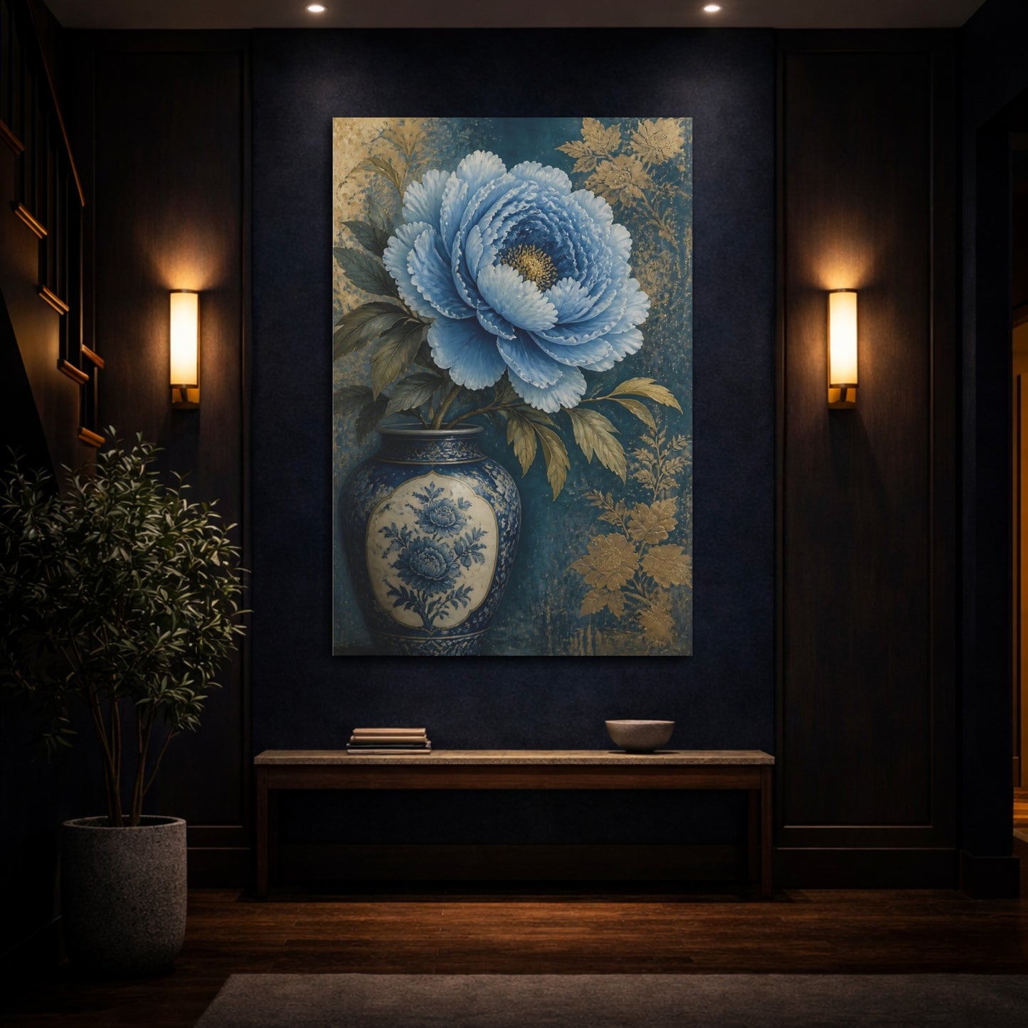 Mockup 4. Blue Peony Floral Still Life shown as canvas print