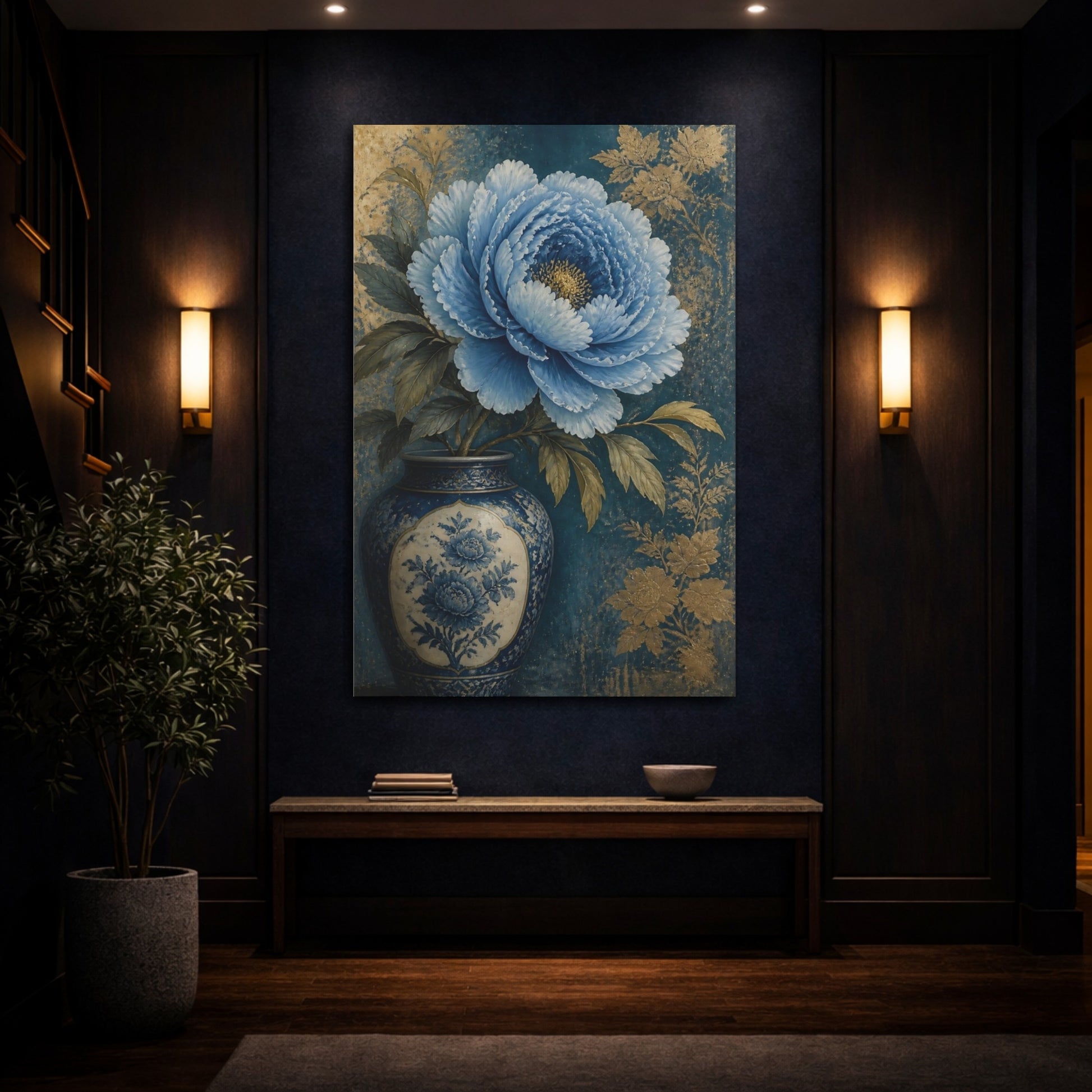 Mockup 4. Blue Peony Floral Still Life shown as canvas print