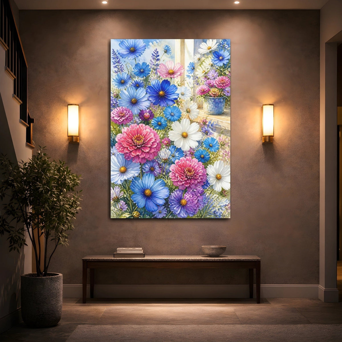 Blue & Pink Garden Flowers Canvas Print – Living Room, Above Fireplace - YesArtYes