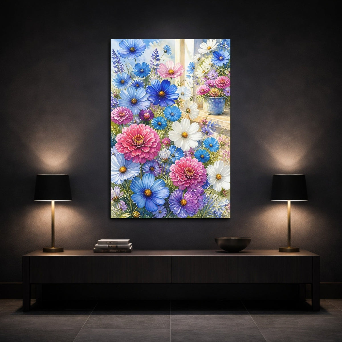 Blue & Pink Garden Flowers Canvas Print – Living Room, Above Fireplace - YesArtYes