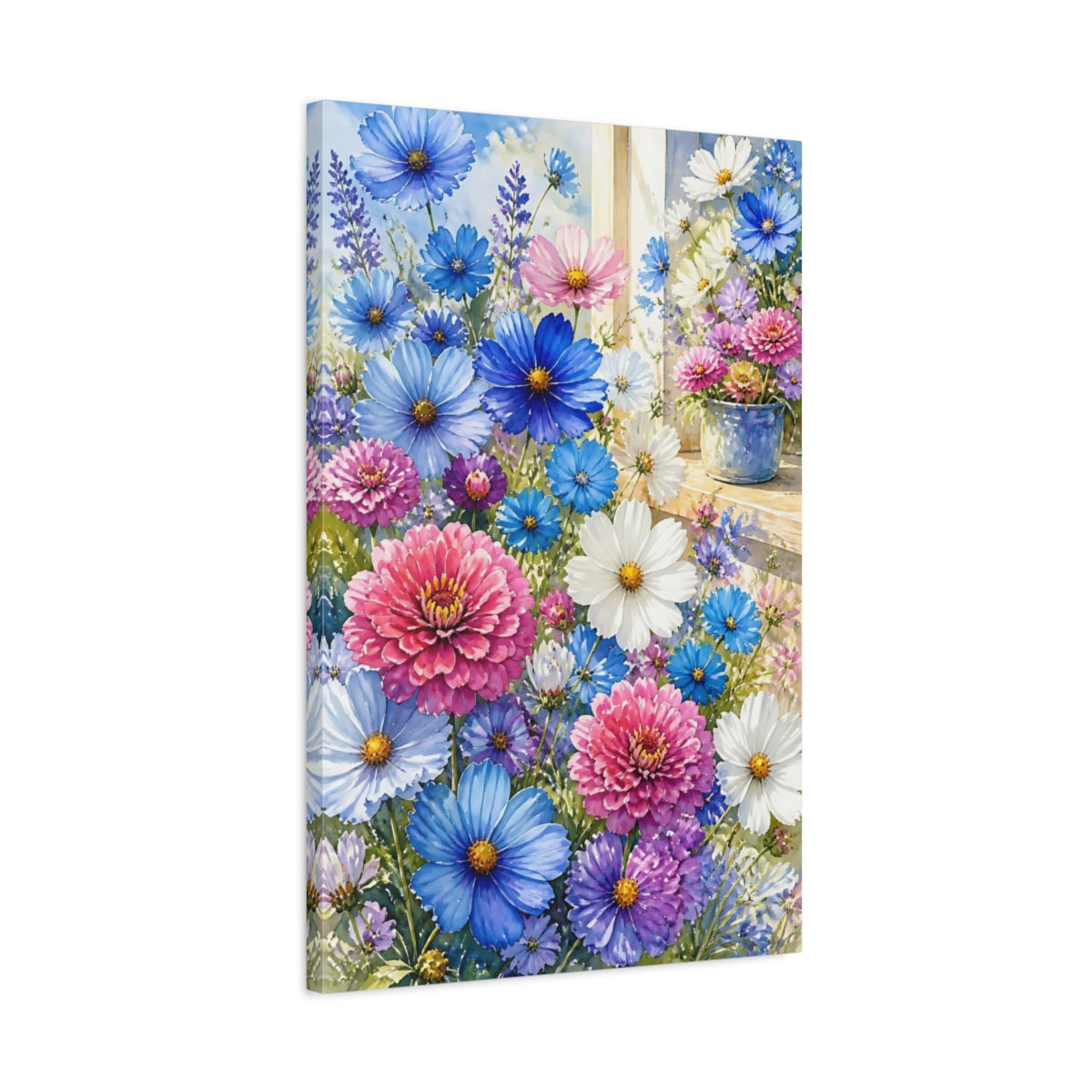 Side Mockup 2. Blue & Pink Garden Flowers shown as canvas print