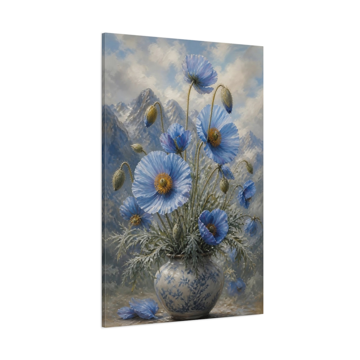 Side Mockup 1. Blue Poppies Floral Bouquet shown as canvas print