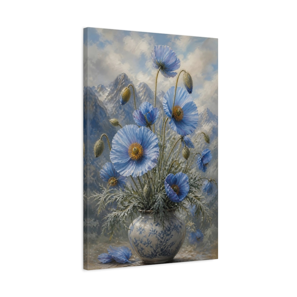 Side Mockup 2. Blue Poppies Floral Bouquet shown as canvas print