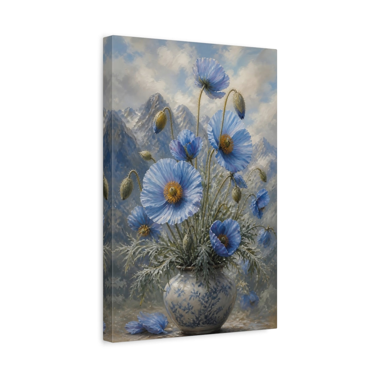 Side Mockup 4. Blue Poppies Floral Bouquet shown as canvas print