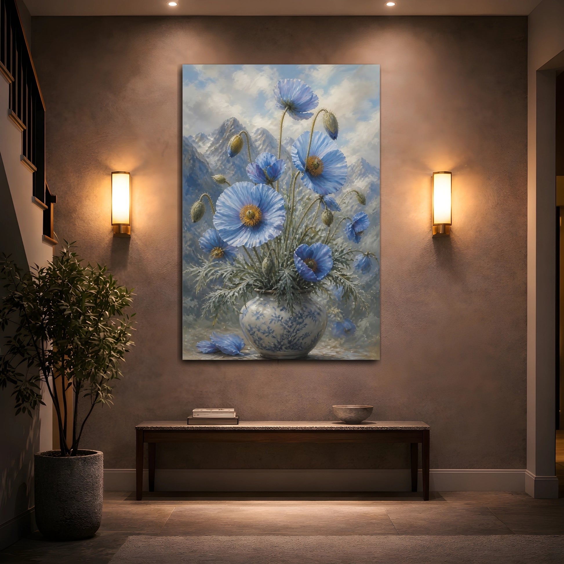 Mockup 2. Blue Poppies Floral Bouquet shown as canvas print
