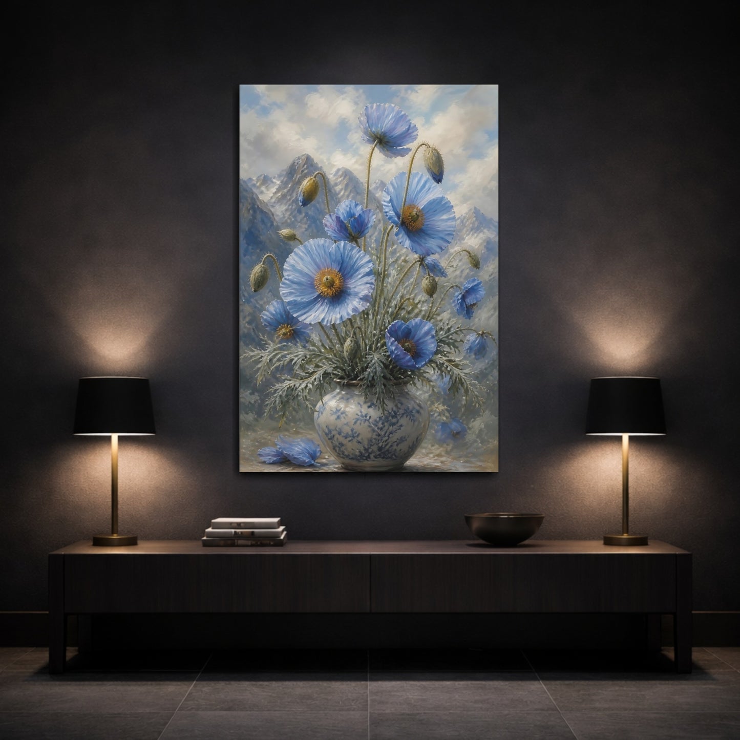 Mockup 3. Blue Poppies Floral Bouquet shown as canvas print