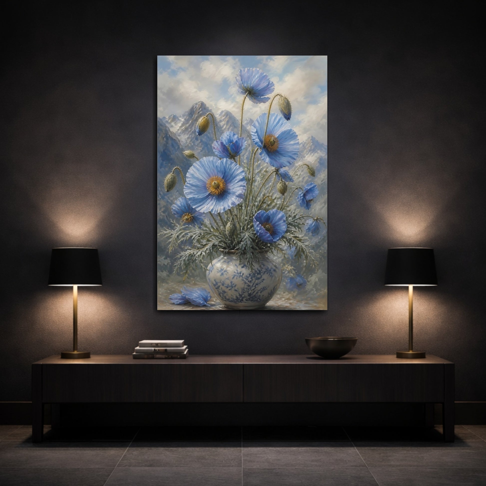 Mockup 3. Blue Poppies Floral Bouquet shown as canvas print