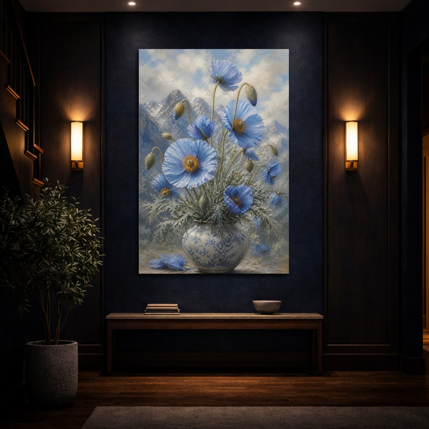 Mockup 4. Blue Poppies Floral Bouquet shown as canvas print